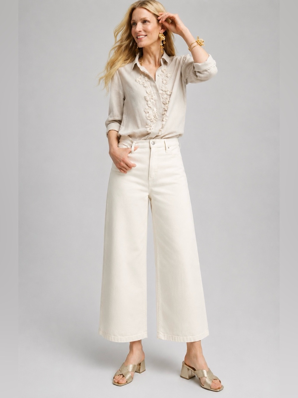 Chico’s Excellent Condition High Rise Wide Leg Crop Jeans Ivory/Cream Size 10